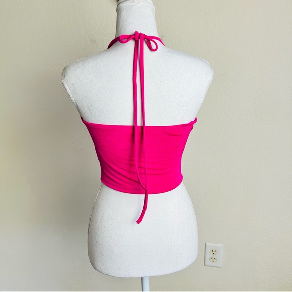 Neon Hot Pink Slinky Cut Out Rhinestone Crystal Embellished Tank Top - Picture 4 of 5